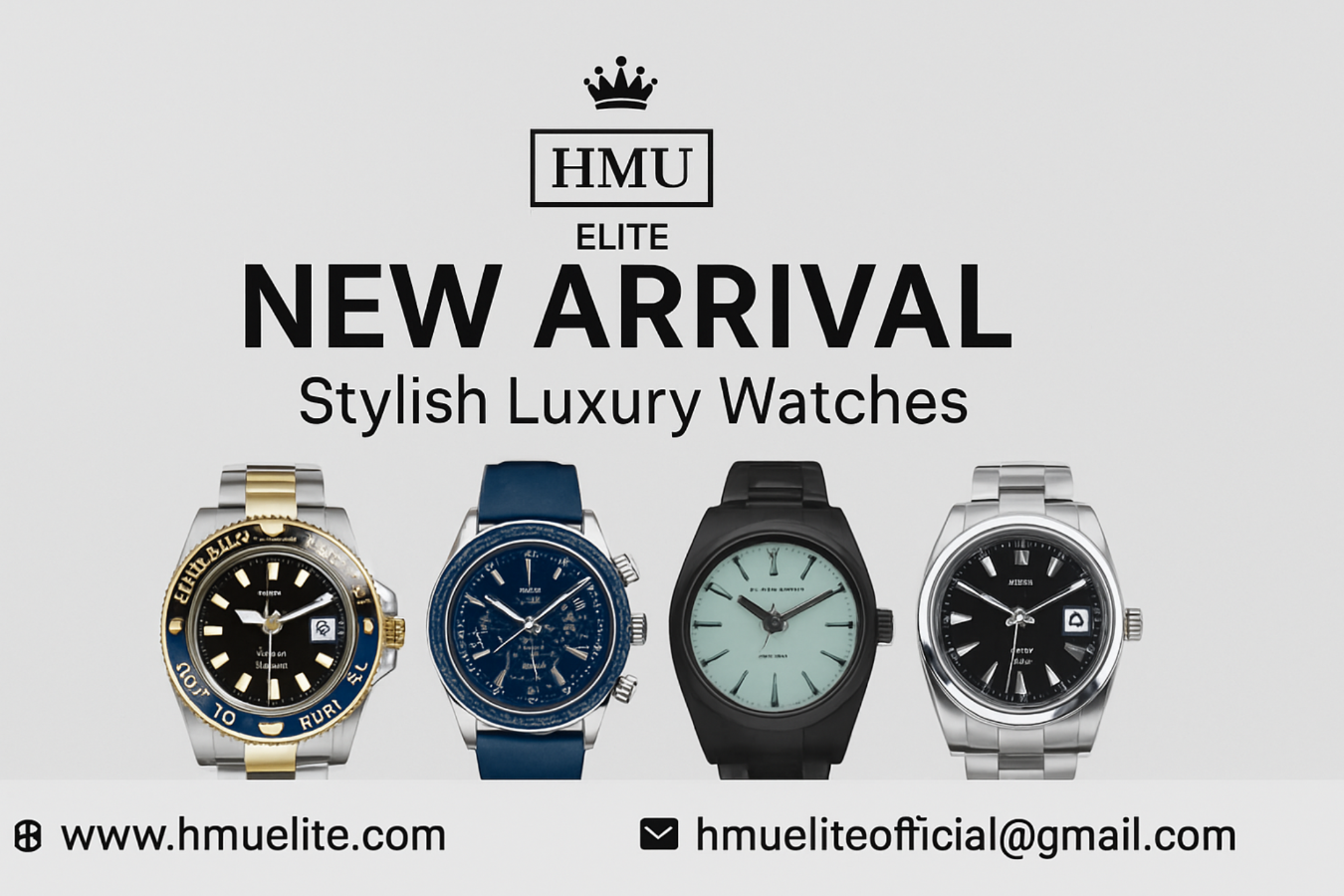 Advertisement for HMU Elite new arrival stylish luxury watches with four different watch designs on a light gray background.